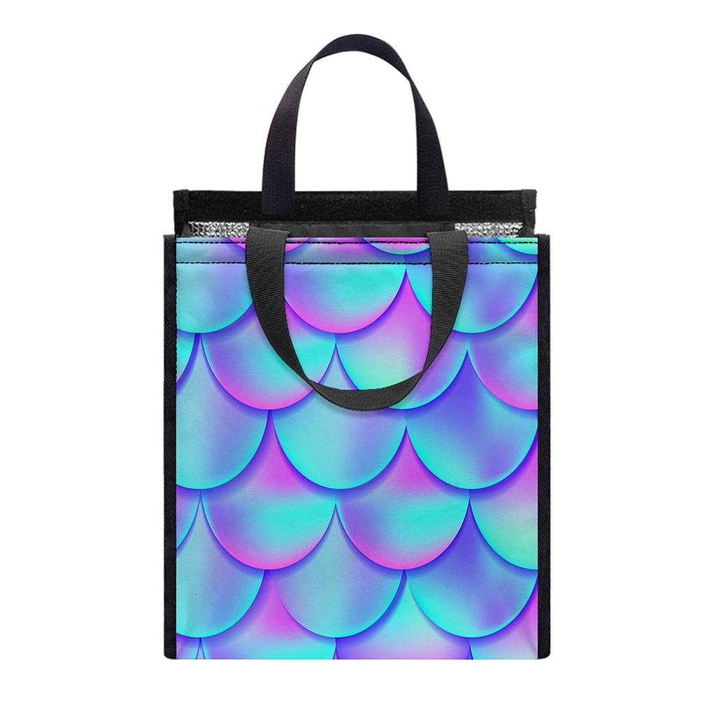 Teal Purple Mermaid Scales Pattern Print Insulated Lunch Tote