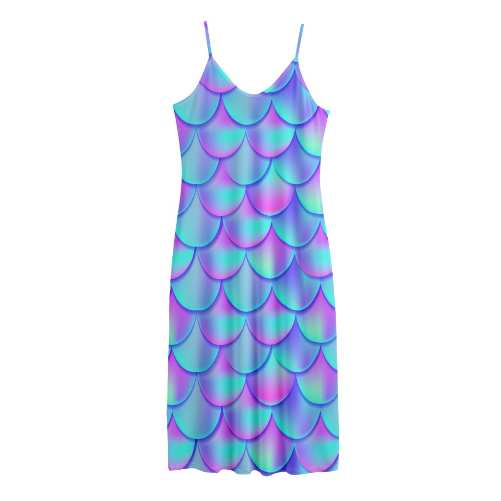 Teal Purple Mermaid Scales Pattern Print Jersey Midi Cami Dress