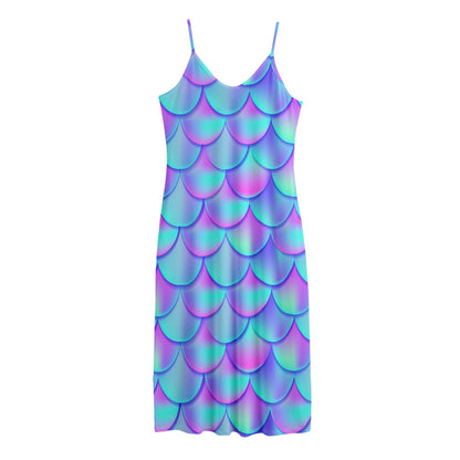 Teal Purple Mermaid Scales Pattern Print Jersey Midi Cami Dress