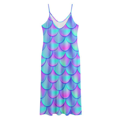 Teal Purple Mermaid Scales Pattern Print Jersey Midi Cami Dress