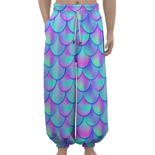 Teal Purple Mermaid Scales Pattern Print Lantern Pants