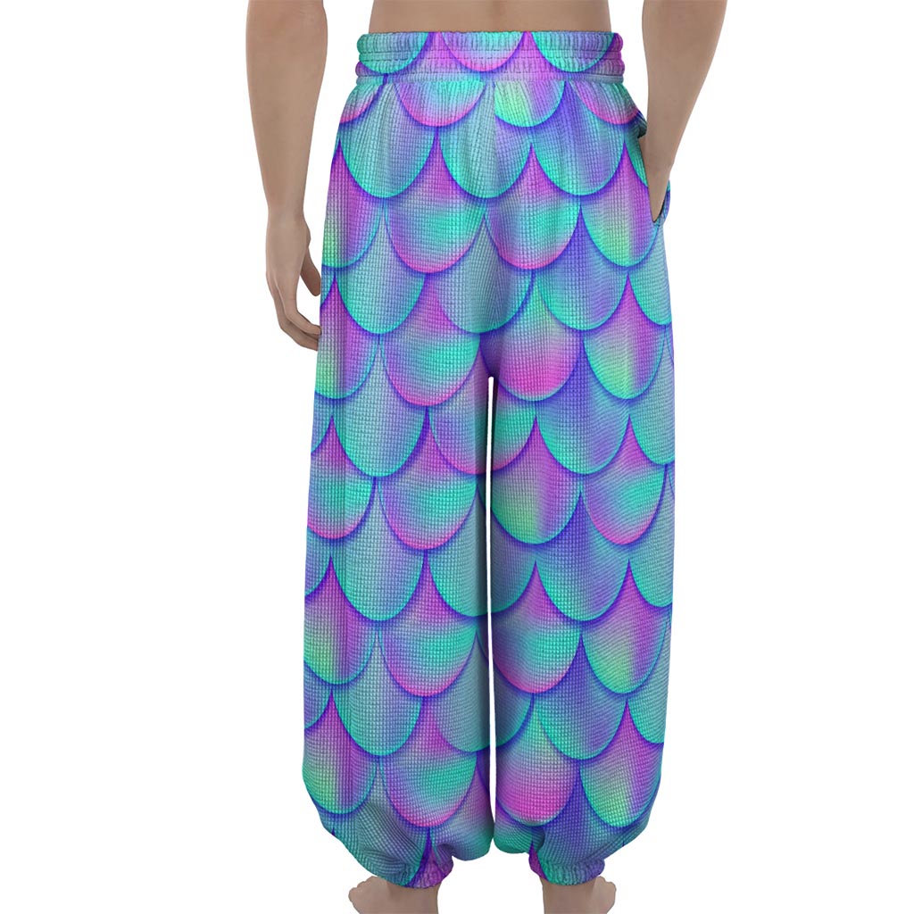 Teal Purple Mermaid Scales Pattern Print Lantern Pants