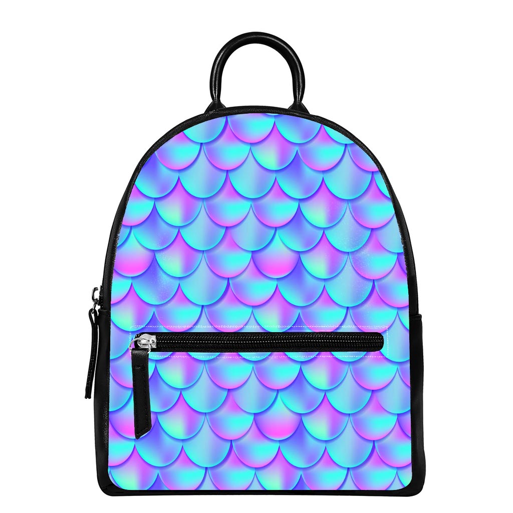 Teal Purple Mermaid Scales Pattern Print Leather Backpack