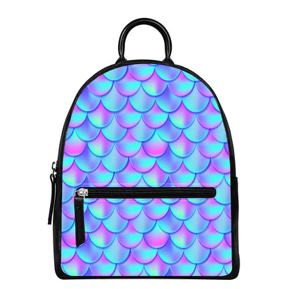 Teal Purple Mermaid Scales Pattern Print Leather Backpack