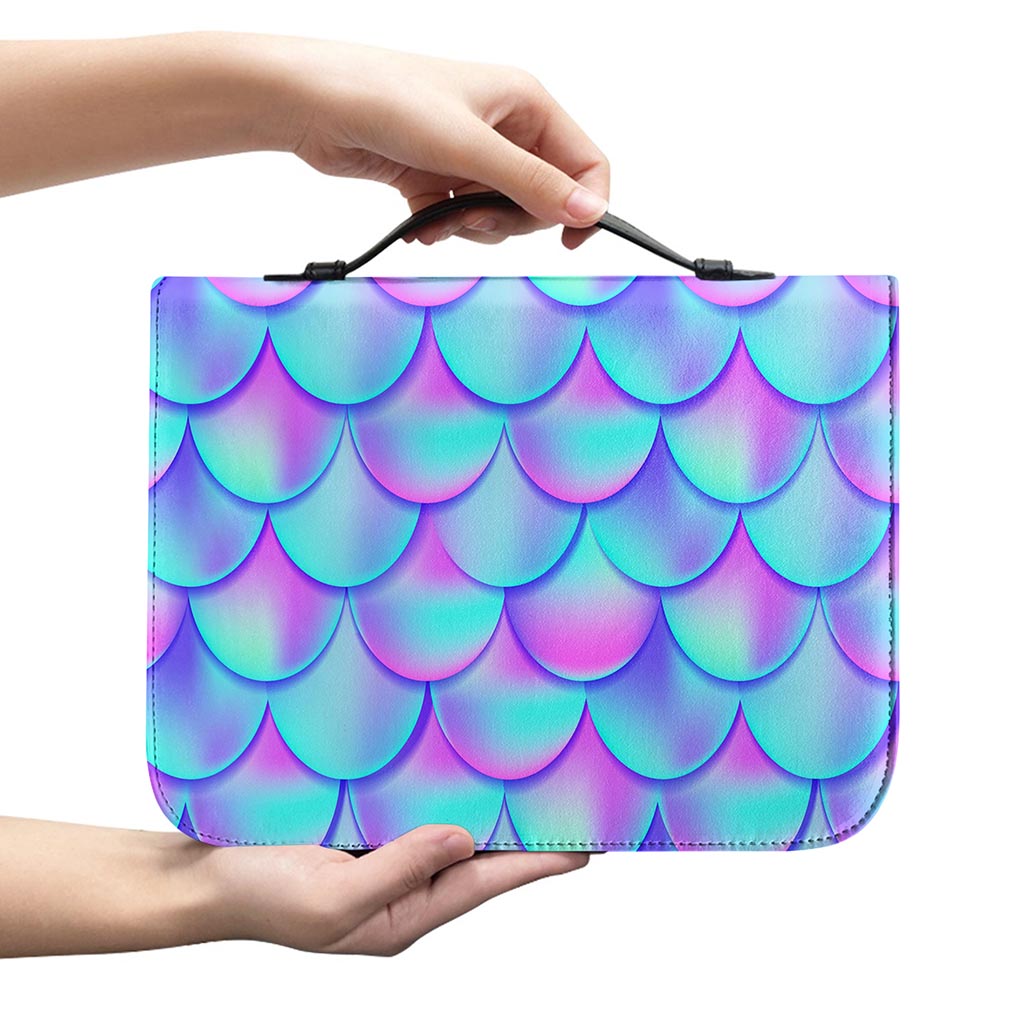 Teal Purple Mermaid Scales Pattern Print Leather Bible Cover