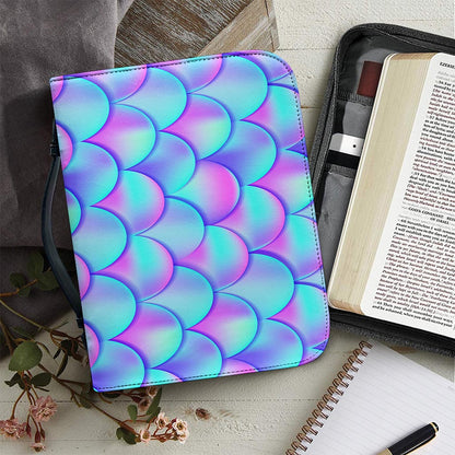 Teal Purple Mermaid Scales Pattern Print Leather Bible Cover