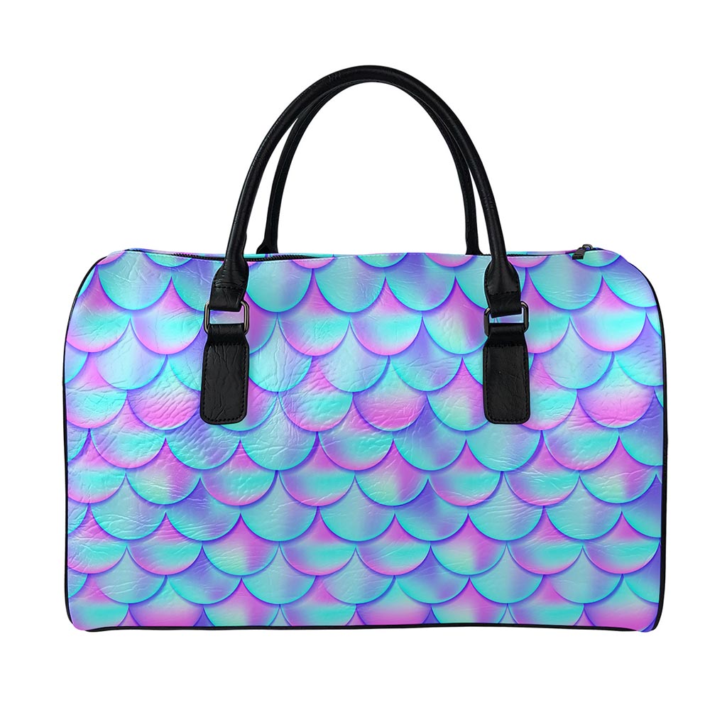 Teal Purple Mermaid Scales Pattern Print Leather Duffle Bag