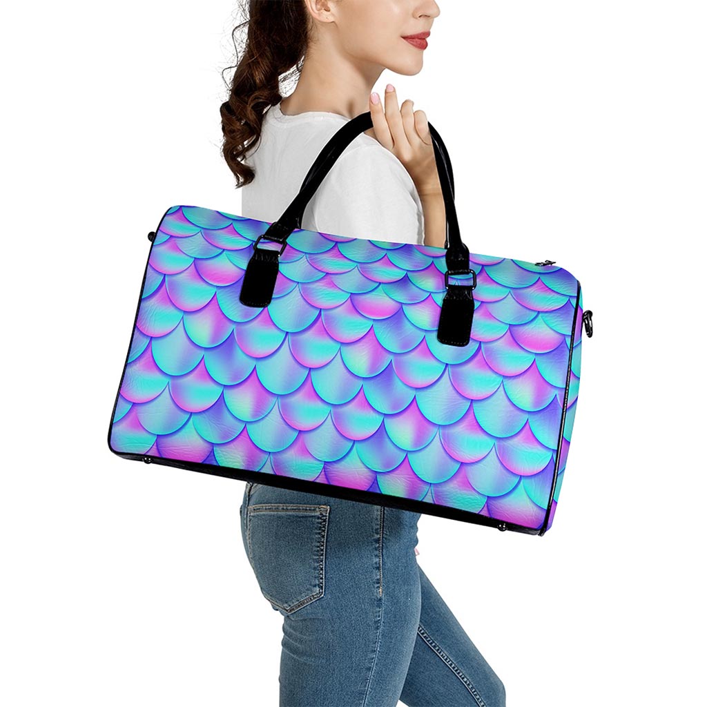 Teal Purple Mermaid Scales Pattern Print Leather Duffle Bag