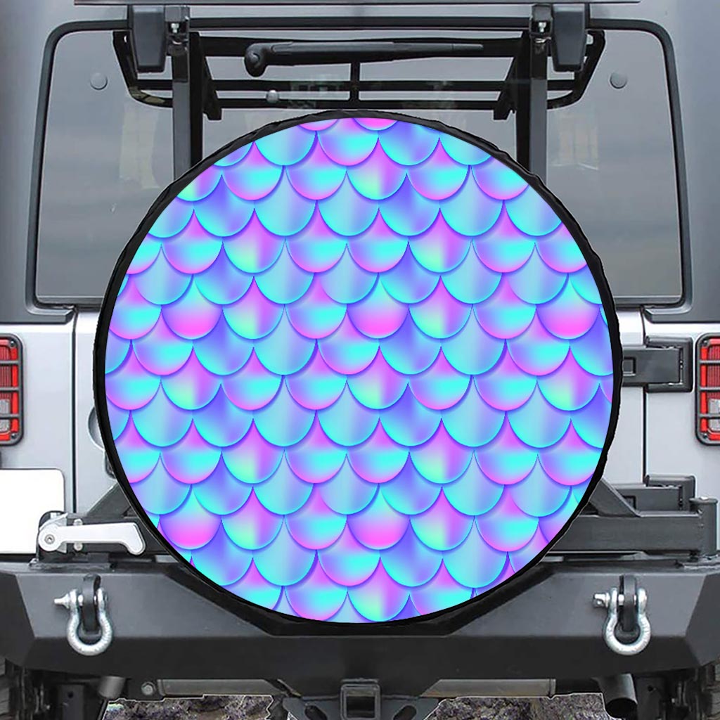 Teal Purple Mermaid Scales Pattern Print Leather Spare Tire Cover