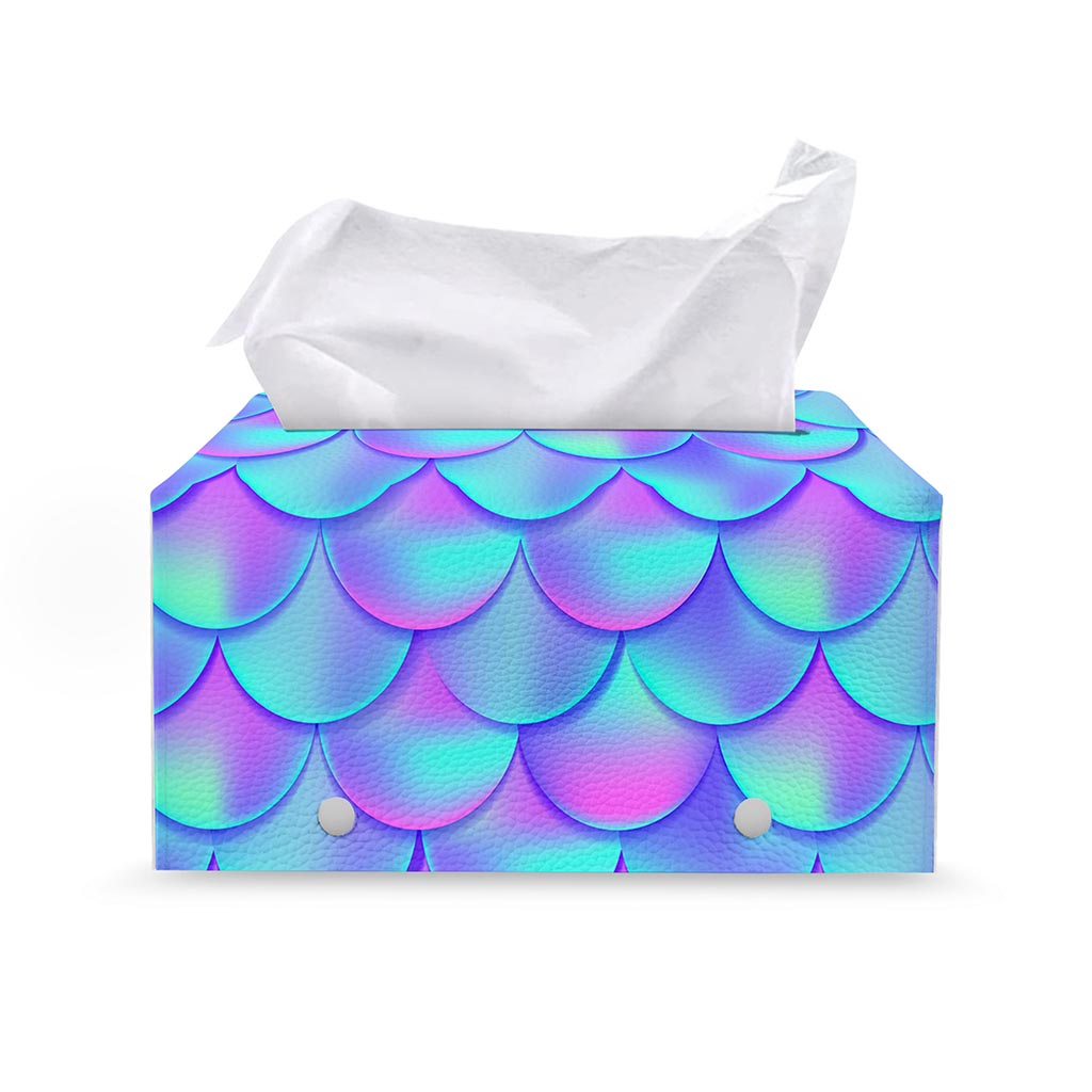Teal Purple Mermaid Scales Pattern Print Leather Tissue Box Cover
