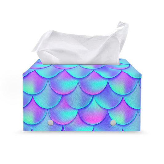 Teal Purple Mermaid Scales Pattern Print Leather Tissue Box Cover