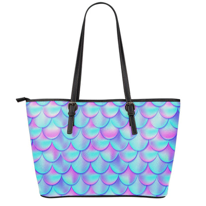 Teal Purple Mermaid Scales Pattern Print Leather Tote Bag