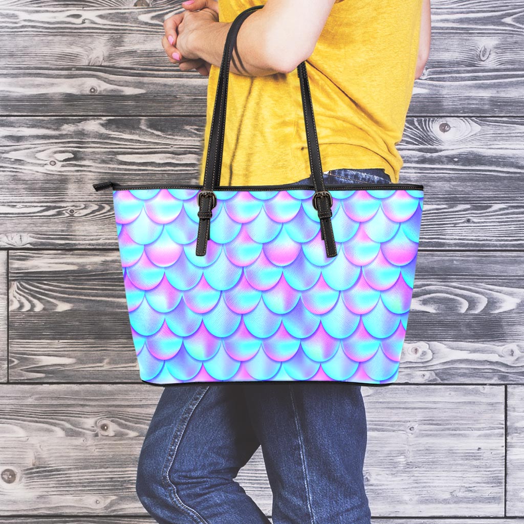 Teal Purple Mermaid Scales Pattern Print Leather Tote Bag