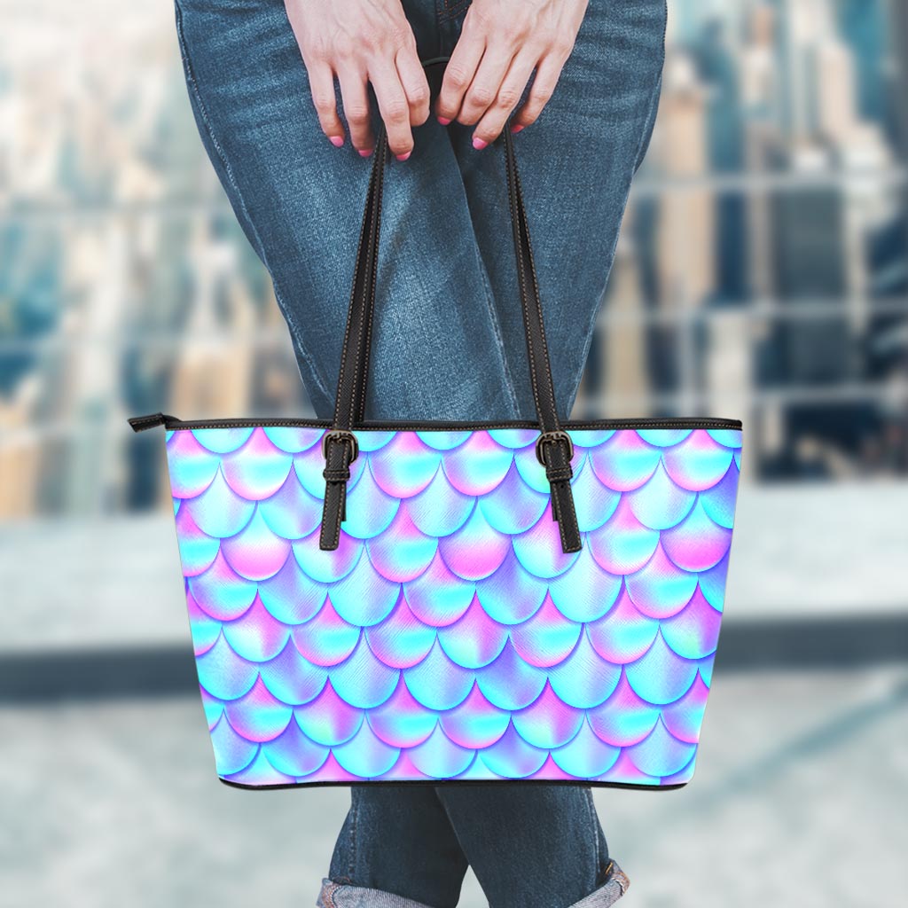 Teal Purple Mermaid Scales Pattern Print Leather Tote Bag