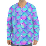 Teal Purple Mermaid Scales Pattern Print Long Sleeve Baseball Jersey