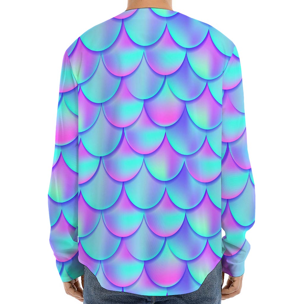 Teal Purple Mermaid Scales Pattern Print Long Sleeve Baseball Jersey