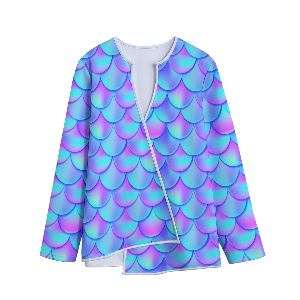Teal Purple Mermaid Scales Pattern Print Long Sleeve Short Coat