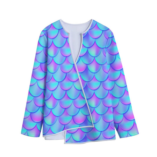 Teal Purple Mermaid Scales Pattern Print Long Sleeve Short Coat