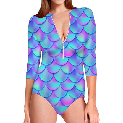 Teal Purple Mermaid Scales Pattern Print Long Sleeve Swimsuit