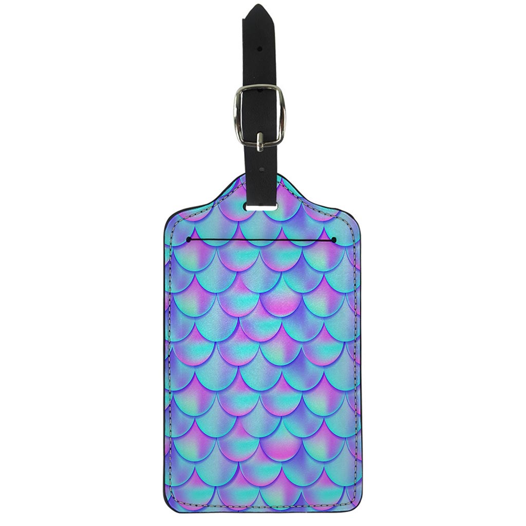 Teal Purple Mermaid Scales Pattern Print Luggage Tag