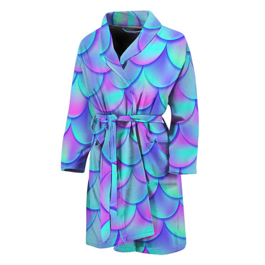 Teal Purple Mermaid Scales Pattern Print Men's Bathrobe