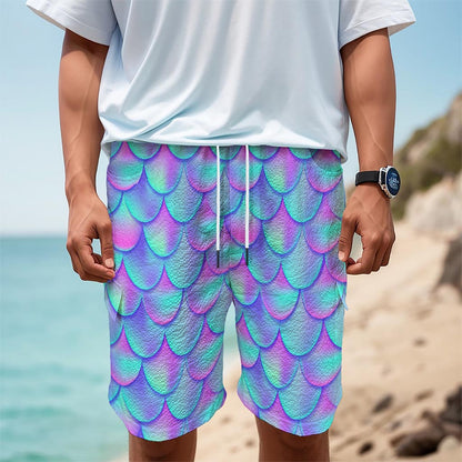 Teal Purple Mermaid Scales Pattern Print Men's Cargo Shorts