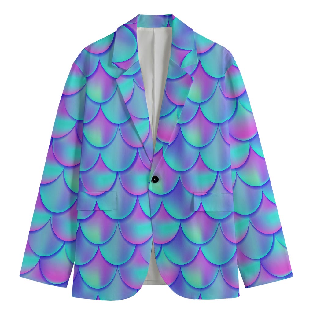 Teal Purple Mermaid Scales Pattern Print Men's Cotton Blazer