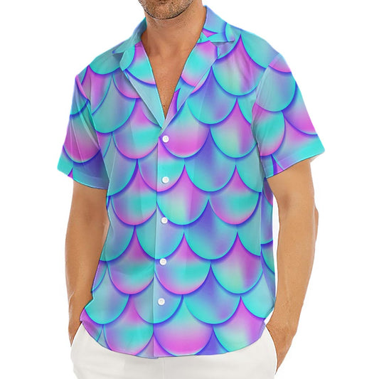 Teal Purple Mermaid Scales Pattern Print Men's Deep V-Neck Shirt