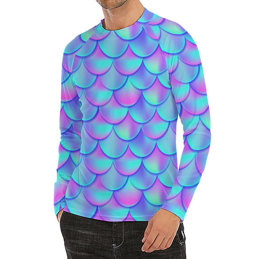 Teal Purple Mermaid Scales Pattern Print Men's Long Sleeve Rash Guard