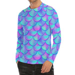 Teal Purple Mermaid Scales Pattern Print Men's Long Sleeve Rash Guard