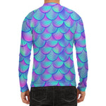Teal Purple Mermaid Scales Pattern Print Men's Long Sleeve Rash Guard