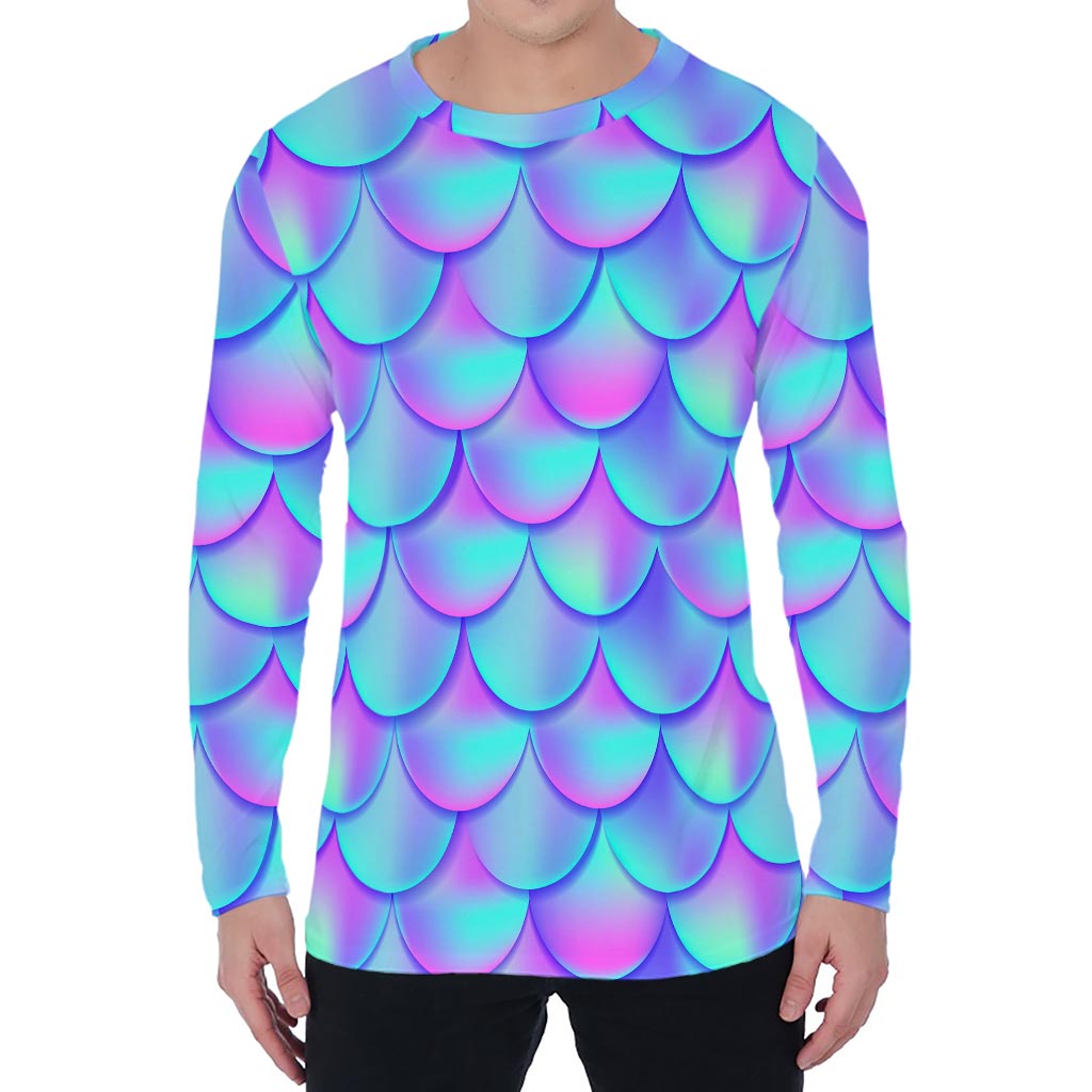 Teal Purple Mermaid Scales Pattern Print Men's Long Sleeve T-Shirt