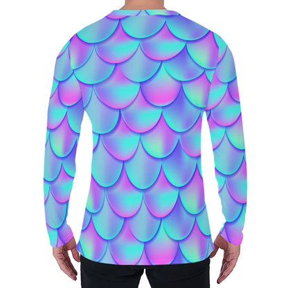 Teal Purple Mermaid Scales Pattern Print Men's Long Sleeve T-Shirt