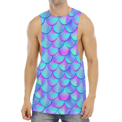 Teal Purple Mermaid Scales Pattern Print Men's Muscle Tank Top