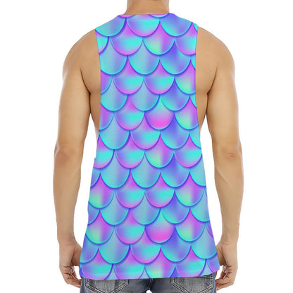 Teal Purple Mermaid Scales Pattern Print Men's Muscle Tank Top