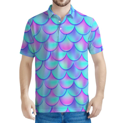Teal Purple Mermaid Scales Pattern Print Men's Polo Shirt