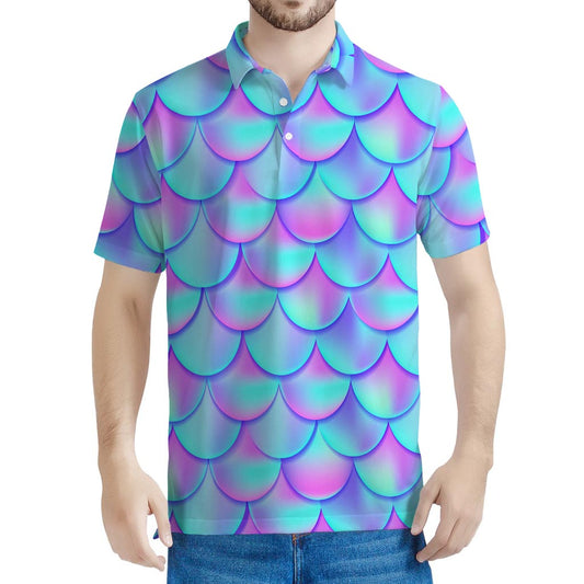 Teal Purple Mermaid Scales Pattern Print Men's Polo Shirt