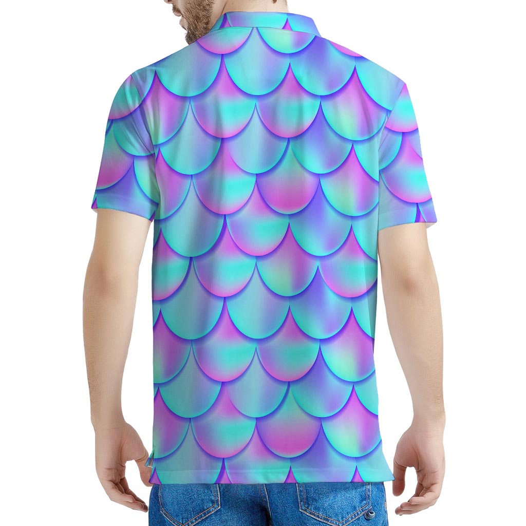 Teal Purple Mermaid Scales Pattern Print Men's Polo Shirt