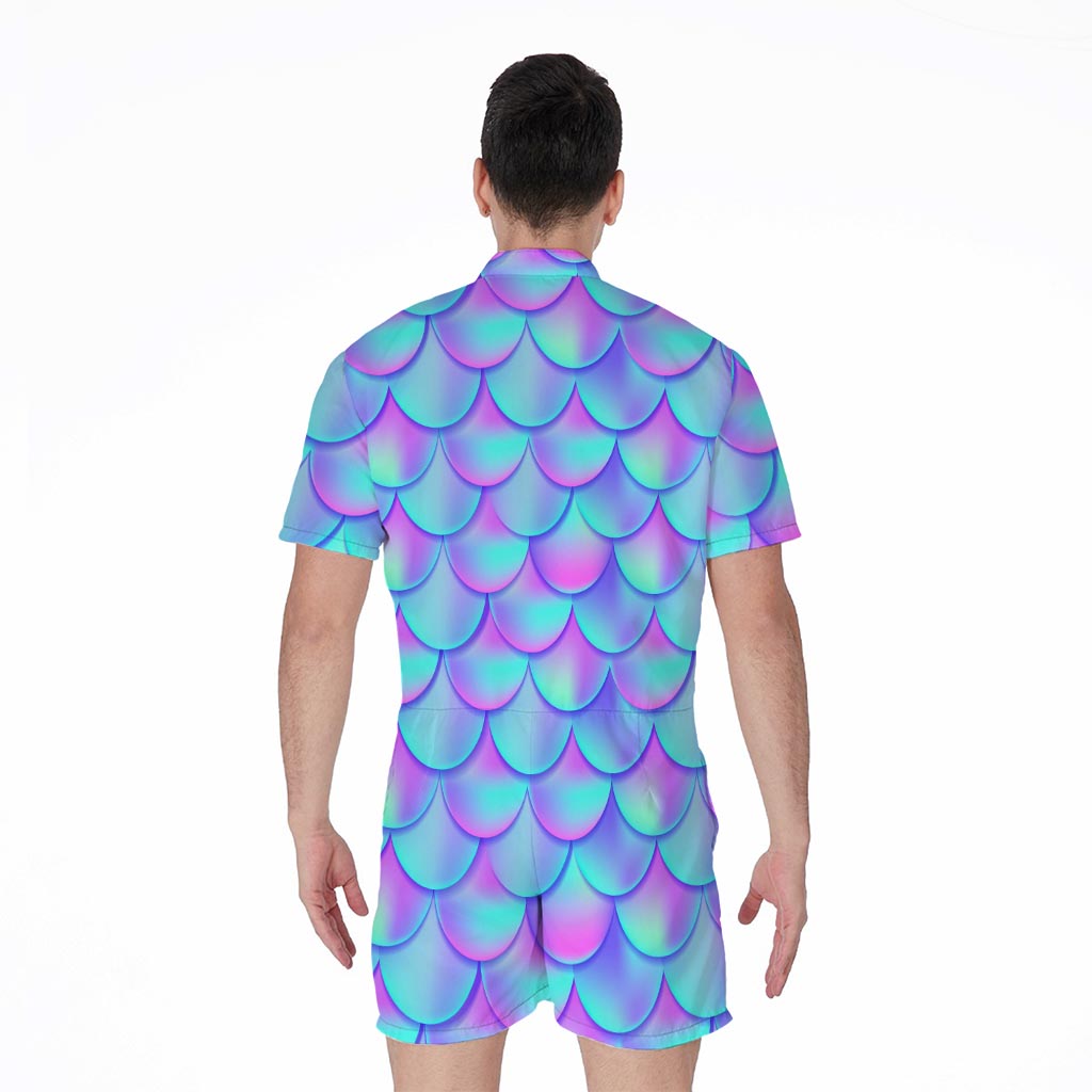 Teal Purple Mermaid Scales Pattern Print Men's Rompers