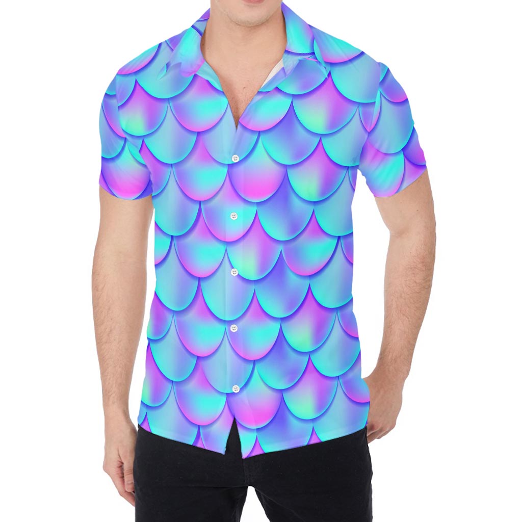 Teal Purple Mermaid Scales Pattern Print Men's Shirt