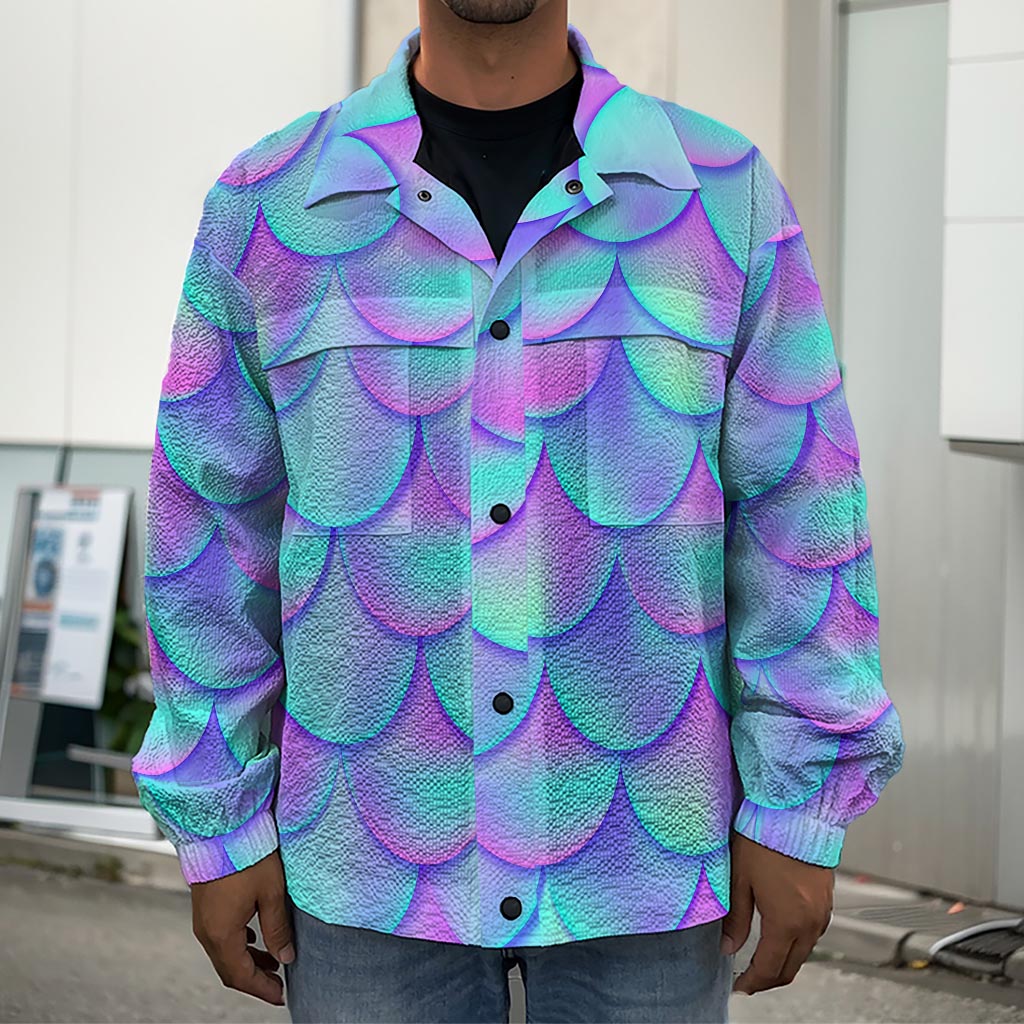 Teal Purple Mermaid Scales Pattern Print Men's Shirt Jacket