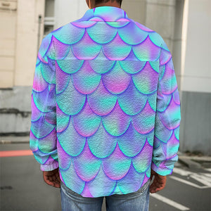 Teal Purple Mermaid Scales Pattern Print Men's Shirt Jacket