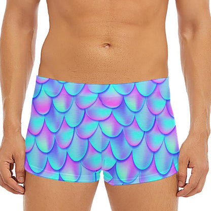 Teal Purple Mermaid Scales Pattern Print Men's Short Boxer Briefs