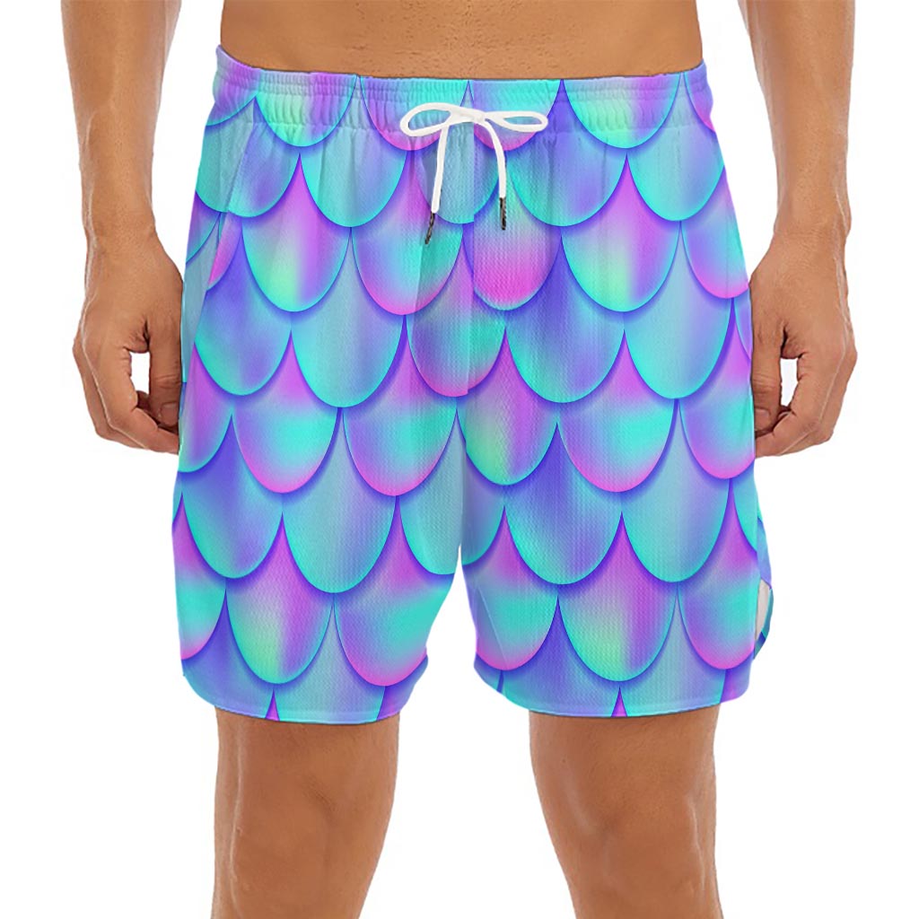 Teal Purple Mermaid Scales Pattern Print Men's Split Running Shorts