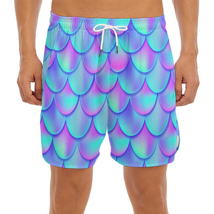 Teal Purple Mermaid Scales Pattern Print Men's Split Running Shorts