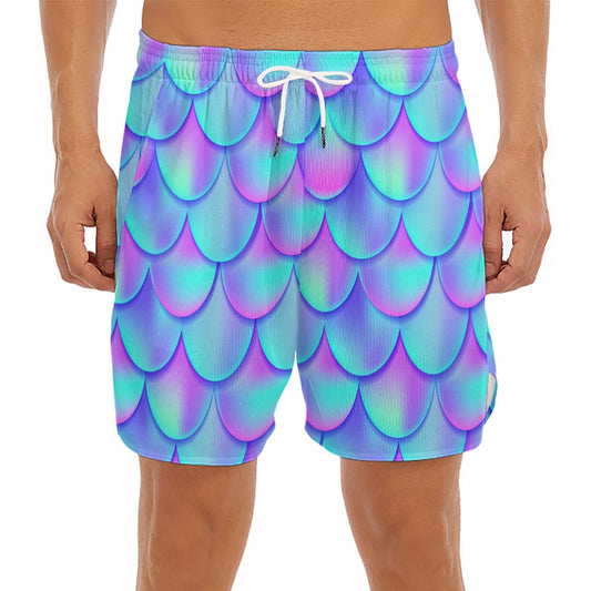 Teal Purple Mermaid Scales Pattern Print Men's Split Running Shorts