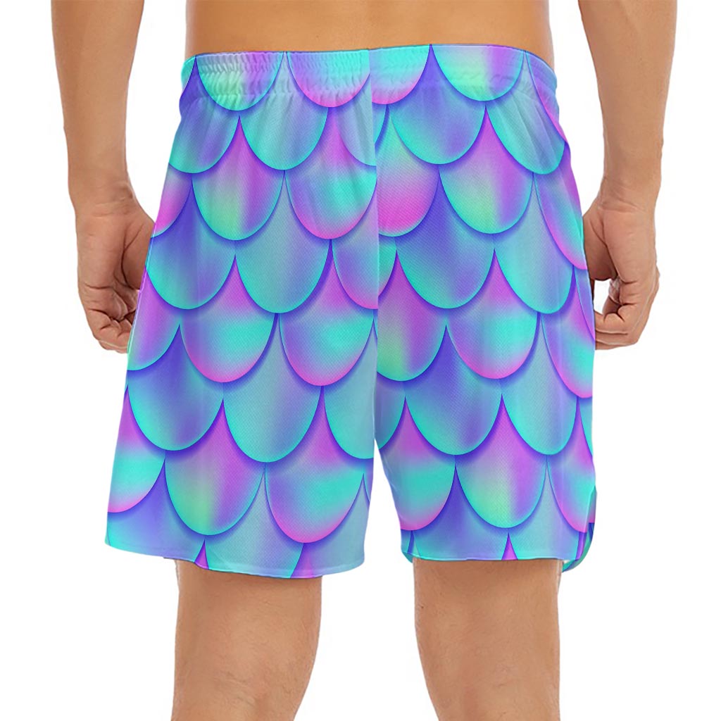 Teal Purple Mermaid Scales Pattern Print Men's Split Running Shorts