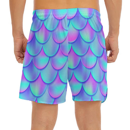 Teal Purple Mermaid Scales Pattern Print Men's Split Running Shorts