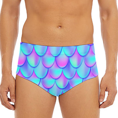 Teal Purple Mermaid Scales Pattern Print Men's Triangle Swim Briefs