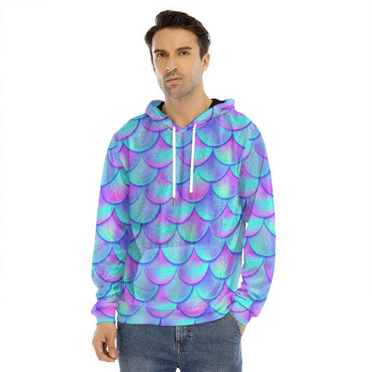 Teal Purple Mermaid Scales Pattern Print Men's Velvet Pullover Hoodie